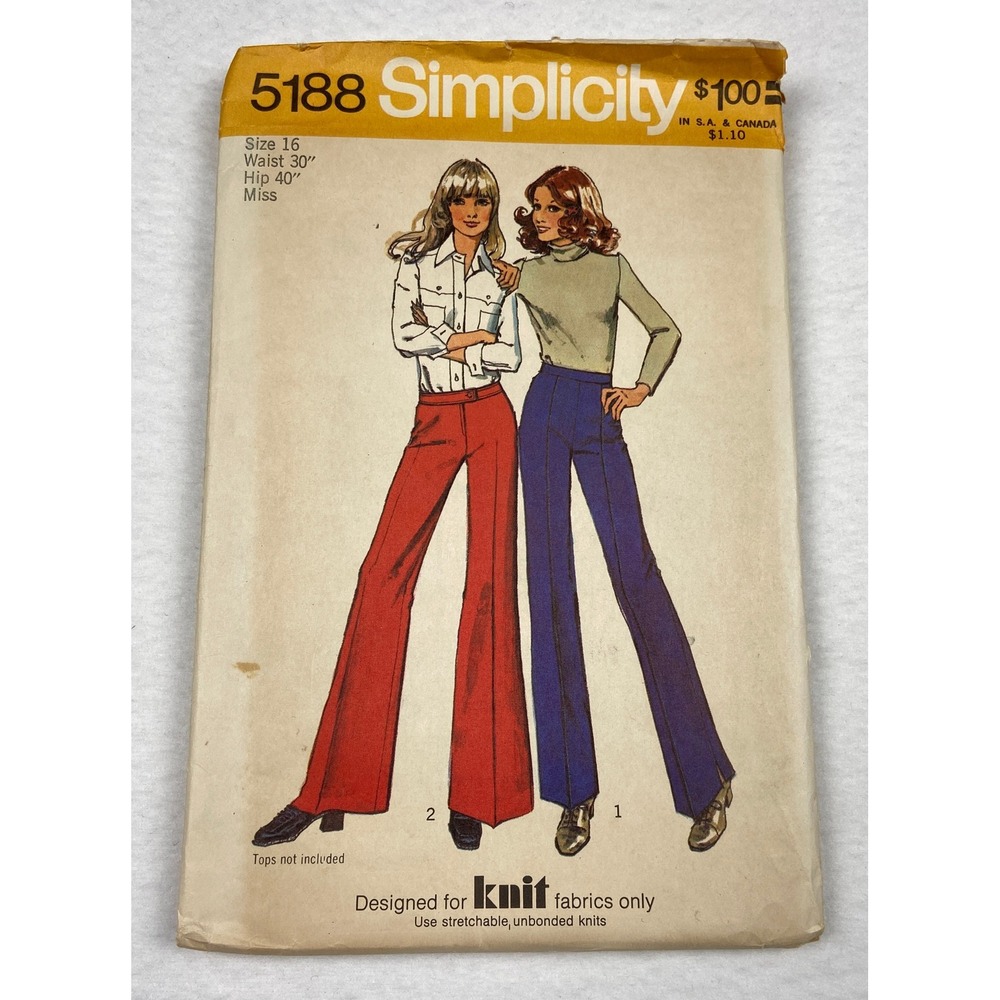 Vintage 1972 Simplicity 5188 Bell Bottom Hip Hugger Pants Sewing Pattern Size 16